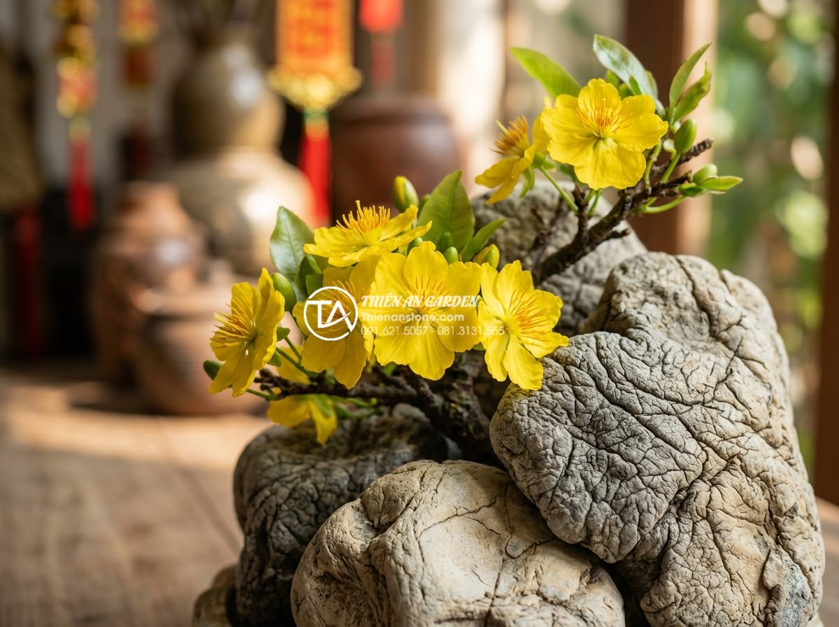 Top 10 loài hoa kết hợp hoàn hảo nhất với tiểu cảnh đá cuội ngày tết - Magnificent close-up of yellow mai flowers integrated into pebble stone base for