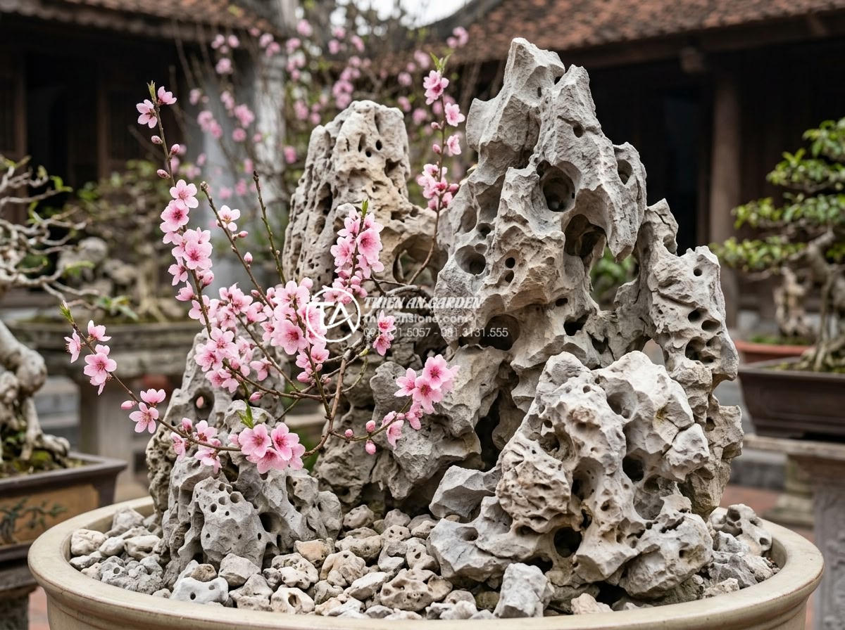 Top 10 loài hoa kết hợp hoàn hảo nhất với tiểu cảnh đá cuội ngày tết - Pink peach blossoms gracefully arranged with smooth pebble stones in a tradition