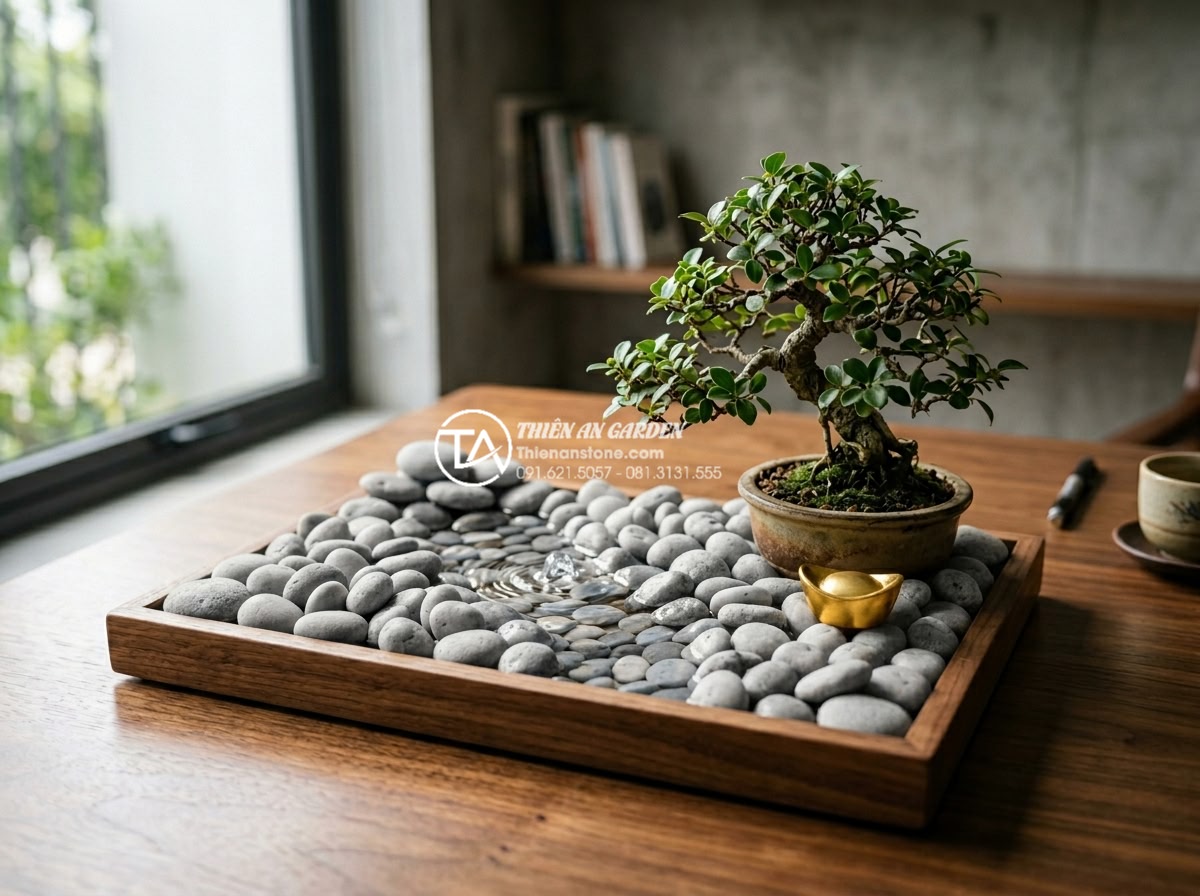 Top 15 mẫu tiểu cảnh đá cuội mini để bàn làm việc hợp mệnh 12 con giáp - Hình 1 Top 15 mẫu tiểu cảnh đá cuội mini để bàn làm việc hợp mệnh 12 con giáp - Professional studio photograph of an elegant mini pebble stone desk landscape fe