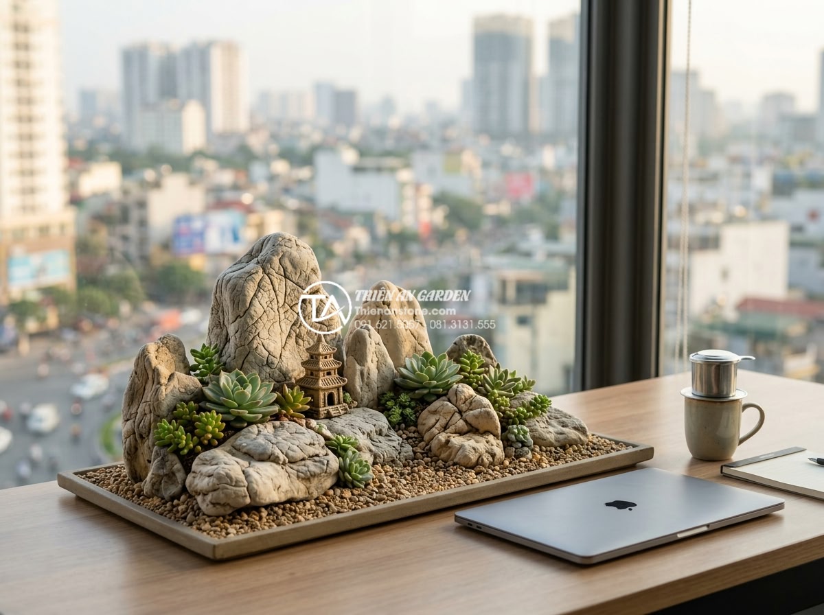 Top 15 mẫu tiểu cảnh đá cuội mini để bàn làm việc hợp mệnh 12 con giáp - Hình 2 Top 15 mẫu tiểu cảnh đá cuội mini để bàn làm việc hợp mệnh 12 con giáp - High-resolution lifestyle image showing a busy professional working at a clean d