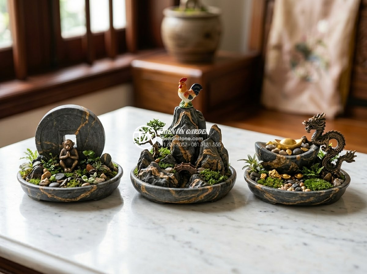 Top 15 mẫu tiểu cảnh đá cuội mini để bàn làm việc hợp mệnh 12 con giáp - Hình 4 Top 15 mẫu tiểu cảnh đá cuội mini để bàn làm việc hợp mệnh 12 con giáp - Close-up product photography of three different mini pebble desk landscapes side