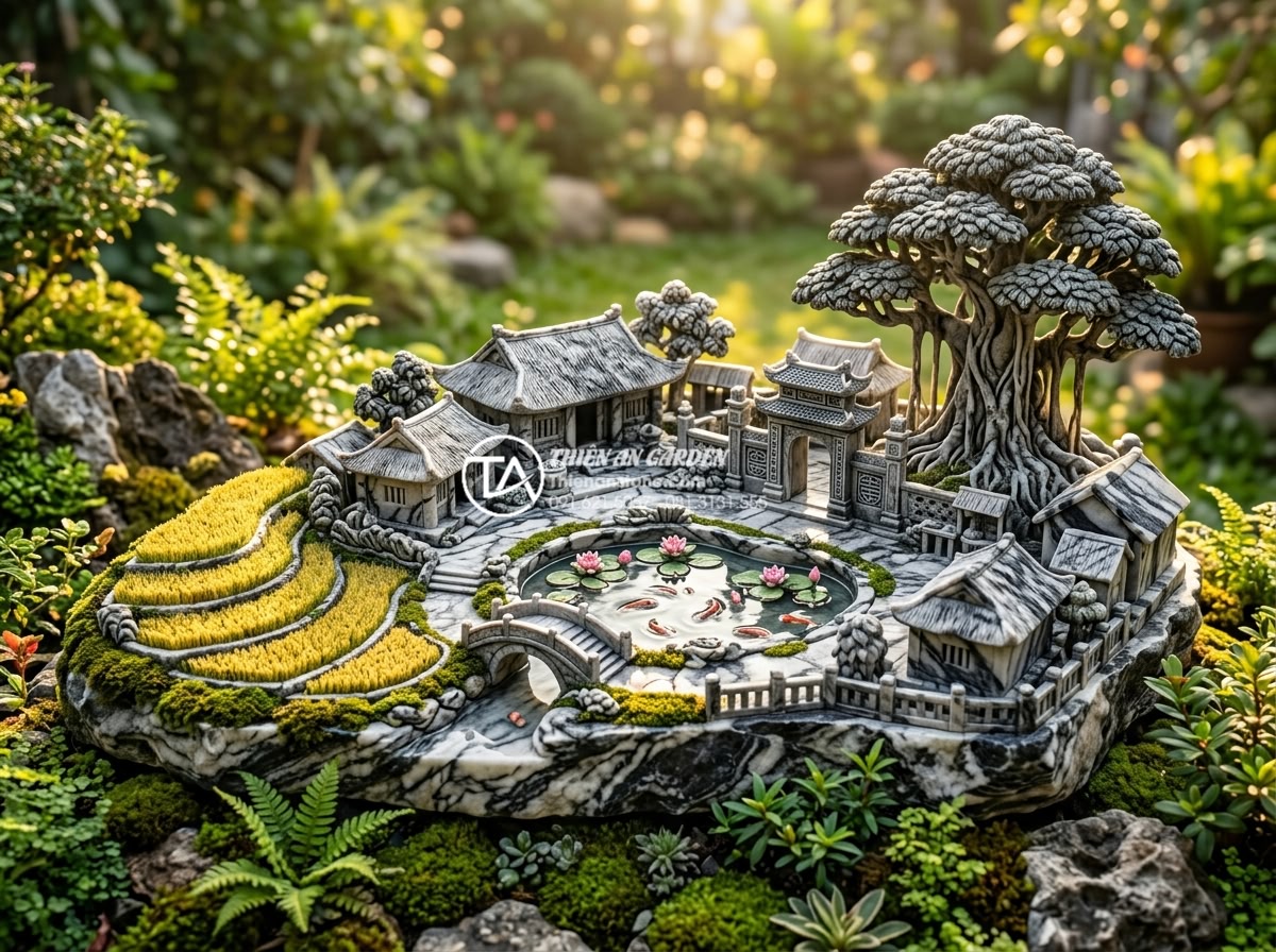 Top 25+ mẫu tiểu cảnh làng quê Bắc Bộ đẹp, chuẩn phong thủy nhất 2026 - Highly detailed photorealistic miniature Northern Vietnamese village landscape c