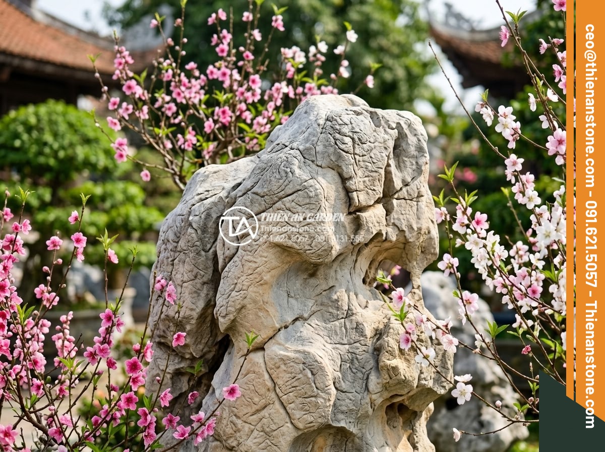 Top 5 loại đá tự nhiên tốt nhất để làm tiểu cảnh hoa tết ngoài trời - Hình 10 Top 5 loại đá tự nhiên tốt nhất để làm tiểu cảnh hoa tết ngoài trời - Close-up realistic image of well-maintained natural stone elements in an outdoor