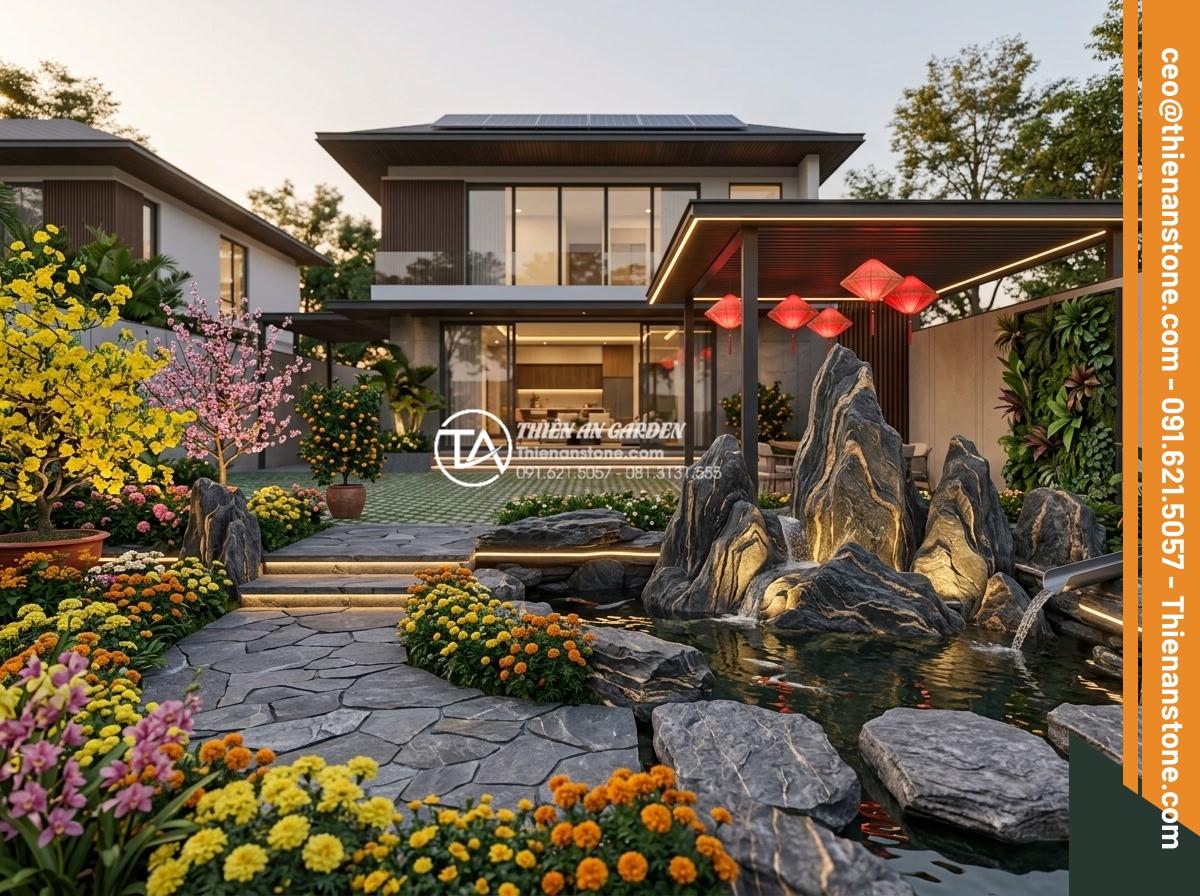Top 5 loại đá tự nhiên tốt nhất để làm tiểu cảnh hoa tết ngoài trời - Hình 12 Top 5 loại đá tự nhiên tốt nhất để làm tiểu cảnh hoa tết ngoài trời - Futuristic yet traditional outdoor Tet 2026 garden design concept with natural s