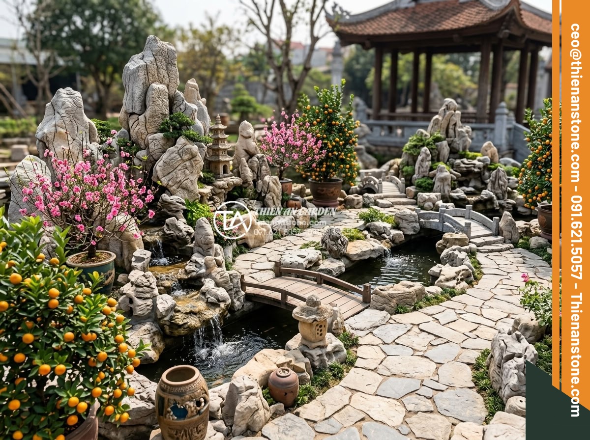 Top 5 loại đá tự nhiên tốt nhất để làm tiểu cảnh hoa tết ngoài trời - Hình 3 Top 5 loại đá tự nhiên tốt nhất để làm tiểu cảnh hoa tết ngoài trời - Photorealistic wide-angle view of an expansive outdoor Tet mini landscape using