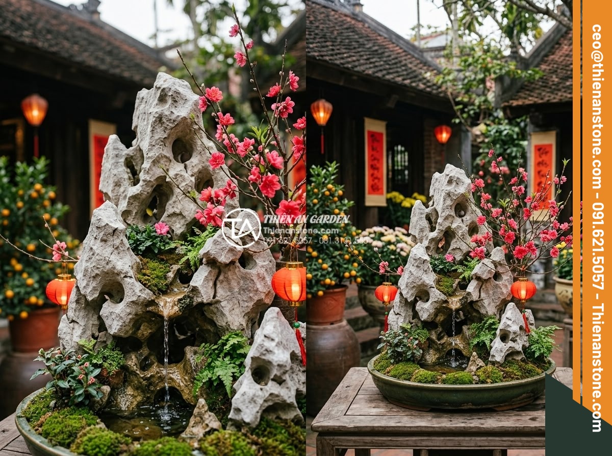 Top 5 loại đá tự nhiên tốt nhất để làm tiểu cảnh hoa tết ngoài trời - Hình 4 Top 5 loại đá tự nhiên tốt nhất để làm tiểu cảnh hoa tết ngoài trời - Realistic close-up and wide shot composite of natural black basalt stones used i