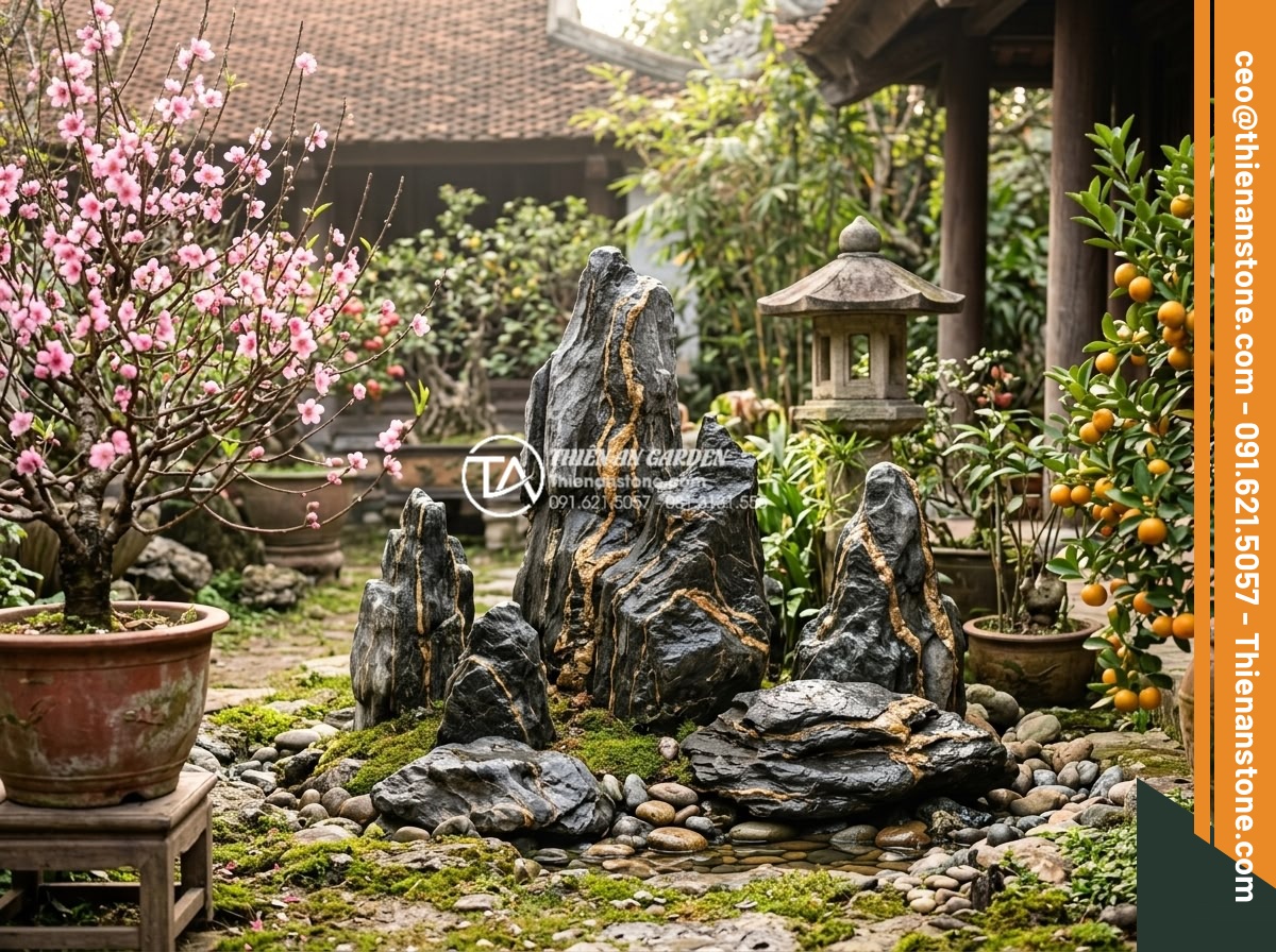 Top 5 loại đá tự nhiên tốt nhất để làm tiểu cảnh hoa tết ngoài trời - Hình 5 Top 5 loại đá tự nhiên tốt nhất để làm tiểu cảnh hoa tết ngoài trời - Beautiful realistic image of natural yellow sandstone stones artistically placed