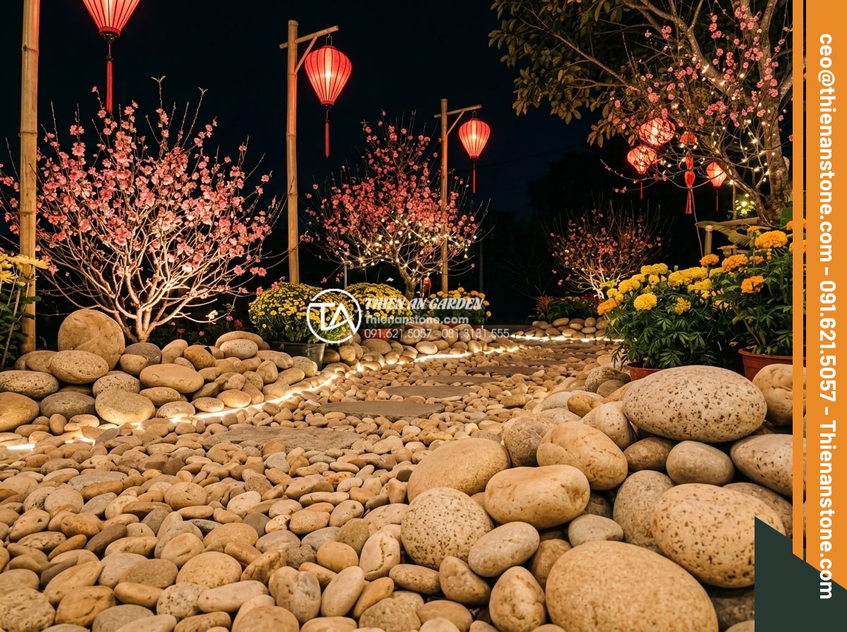 Top 5 loại đá tự nhiên tốt nhất để làm tiểu cảnh hoa tết ngoài trời - Hình 9 Top 5 loại đá tự nhiên tốt nhất để làm tiểu cảnh hoa tết ngoài trời - Nighttime photorealistic image of beautifully illuminated outdoor Tet flower min