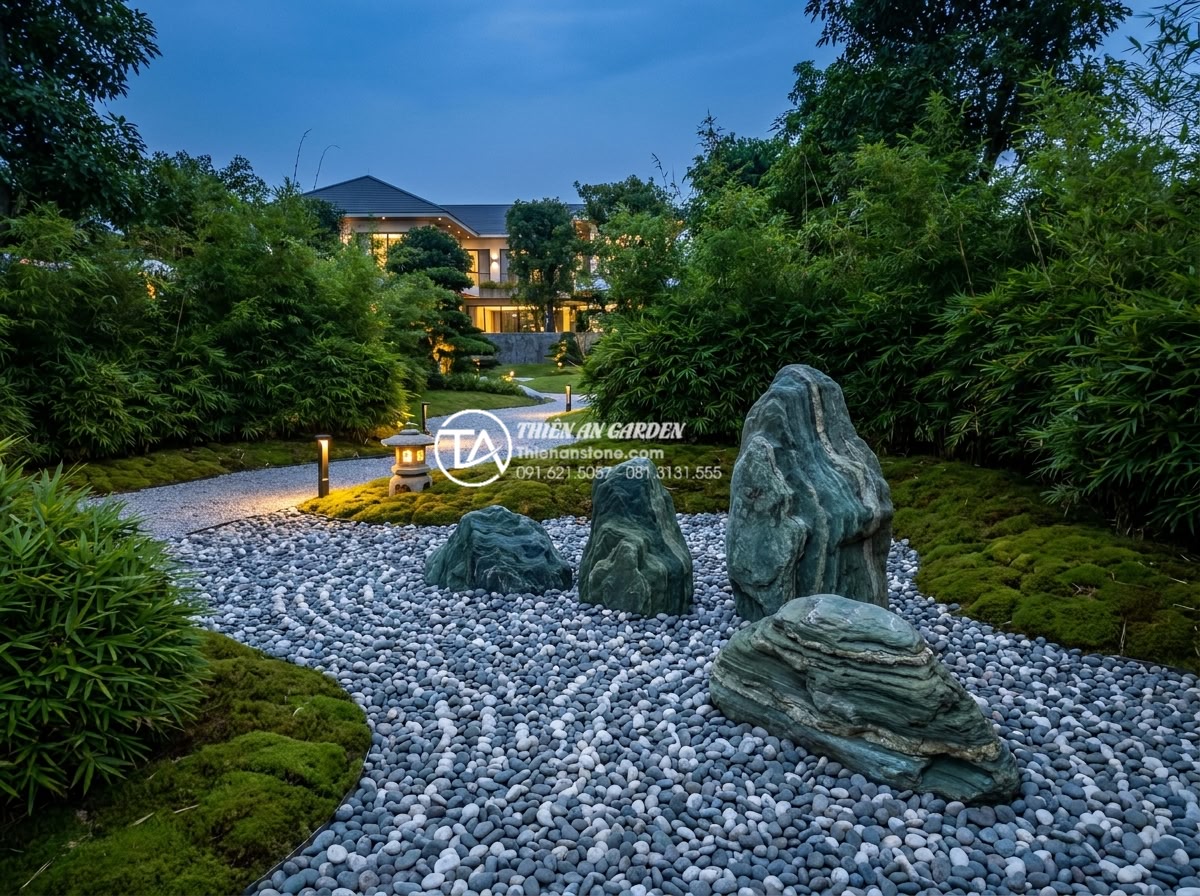 Top 50+ mẫu tiểu cảnh đá cuội đẹp dẫn đầu xu hướng trang trí 2026 - Photorealistic wide-angle view of a modern 2026 Zen pebble garden landscape feat