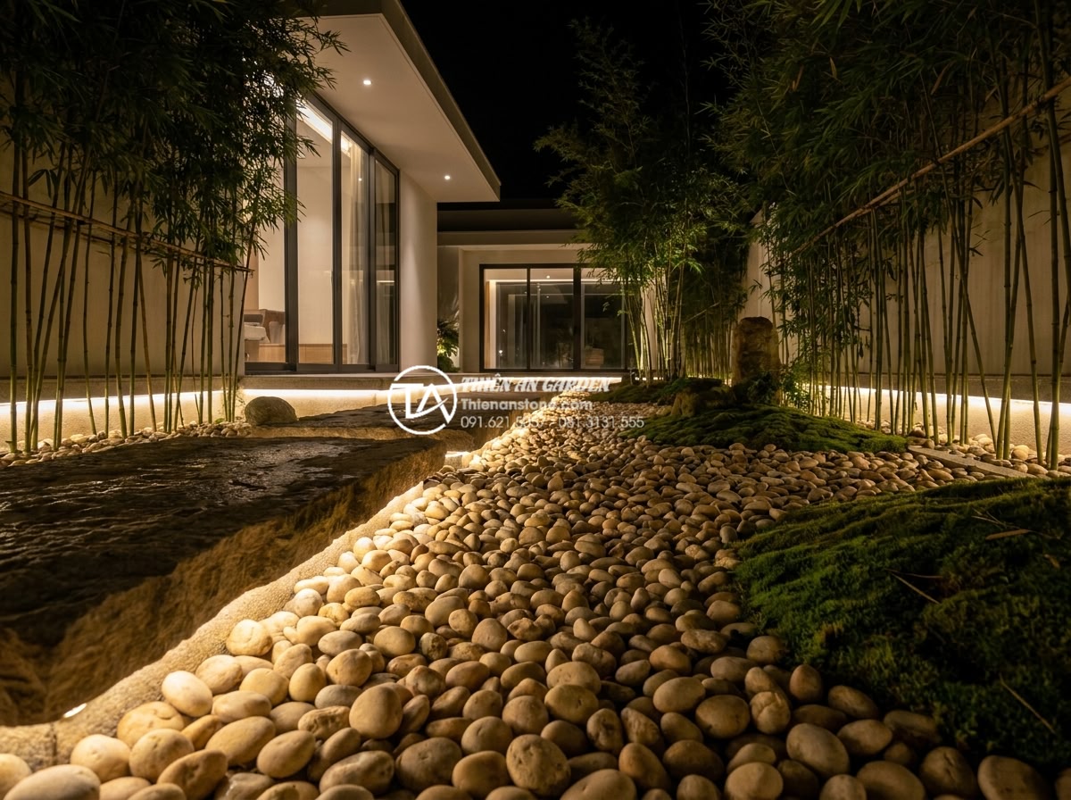 Top 50+ mẫu tiểu cảnh đá cuội đẹp dẫn đầu xu hướng trang trí 2026 - Elegant night view image of a zen pebble garden illuminated by subtle LED lights