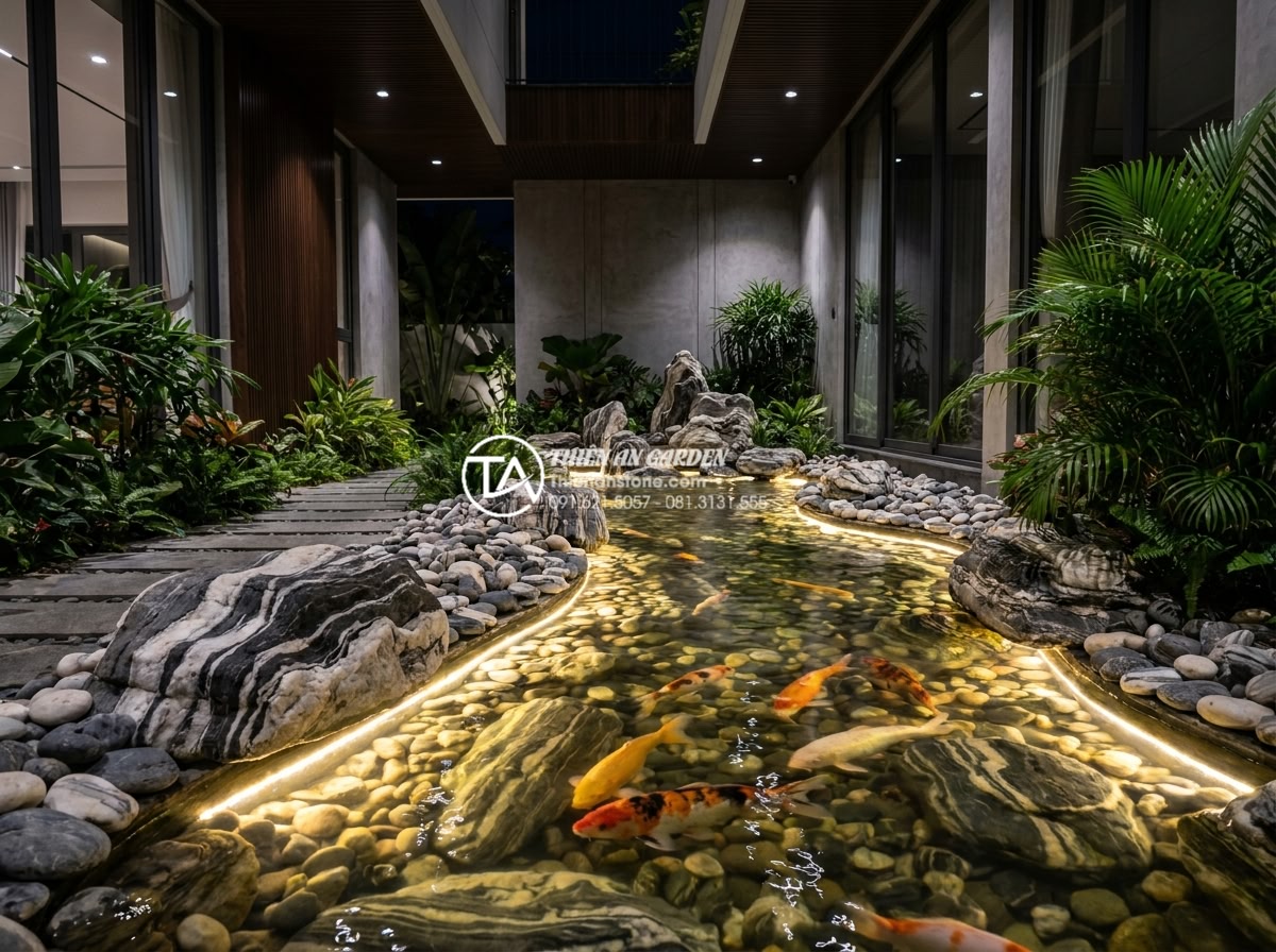 Top 50+ mẫu tiểu cảnh đá cuội đẹp dẫn đầu xu hướng trang trí 2026 - Nighttime photorealistic view of an illuminated koi pond pebble garden with LED 