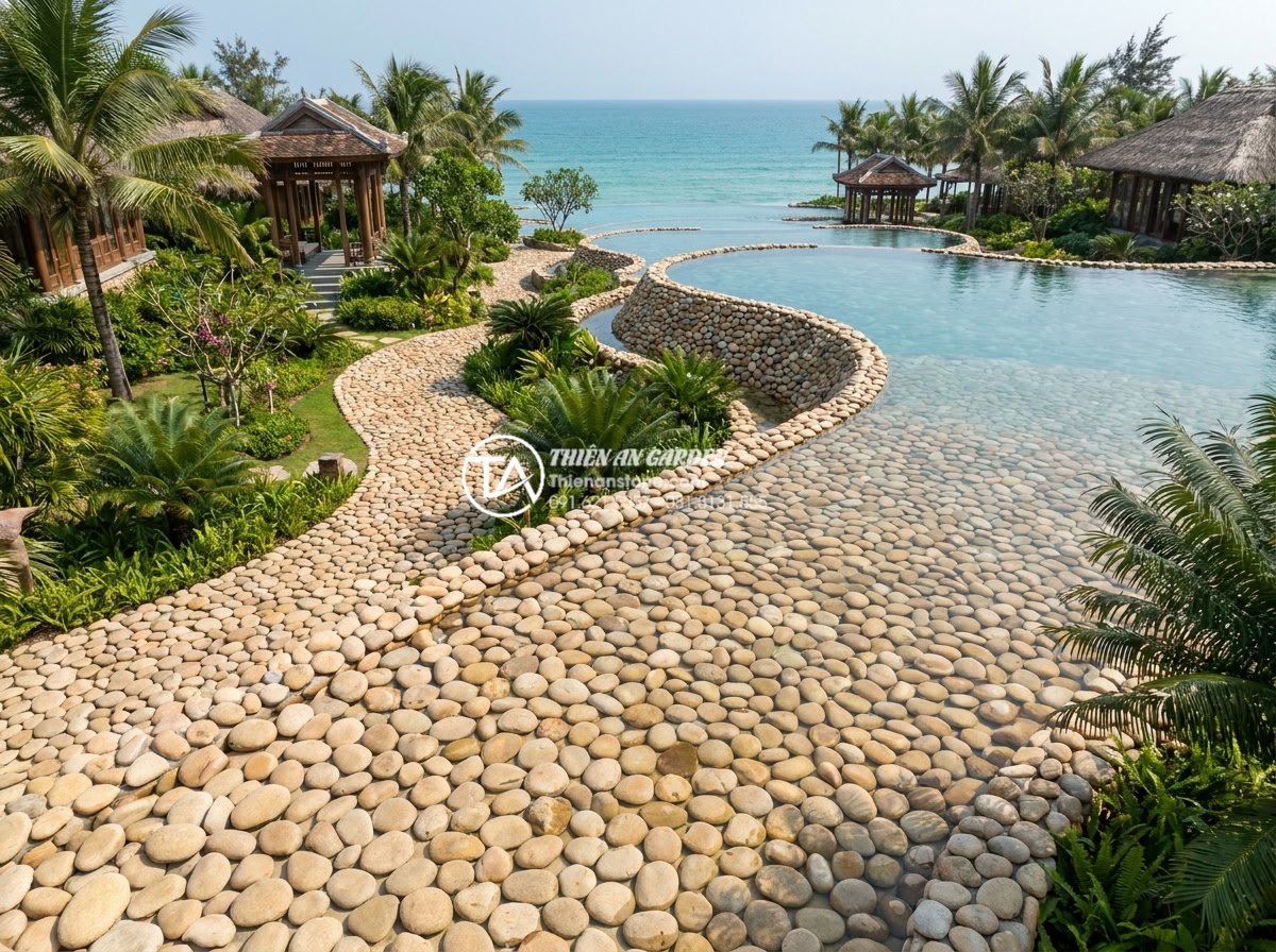 Top 50+ mẫu tiểu cảnh đá cuội đẹp dẫn đầu xu hướng trang trí 2026 - Aerial photorealistic view of a 5-star beach resort with extensive natural pebbl