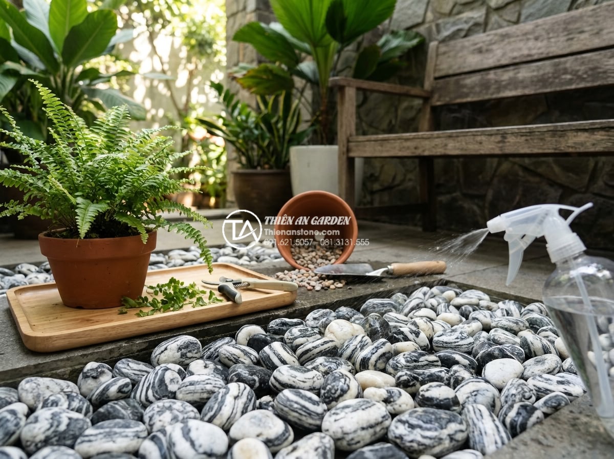 Top 50+ mẫu tiểu cảnh đá cuội đẹp dẫn đầu xu hướng trang trí 2026 - Clean instructional image showing proper maintenance of a pebble stone garden in