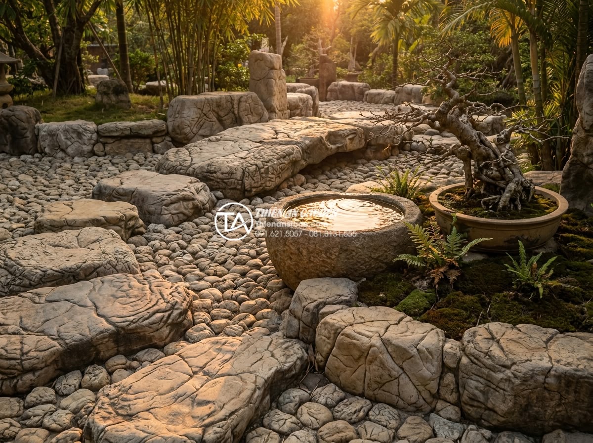 Top 50+ mẫu tiểu cảnh đá cuội đẹp dẫn đầu xu hướng trang trí 2026 - Cinematic image of a serene pebble stone zen garden at golden hour with carefull