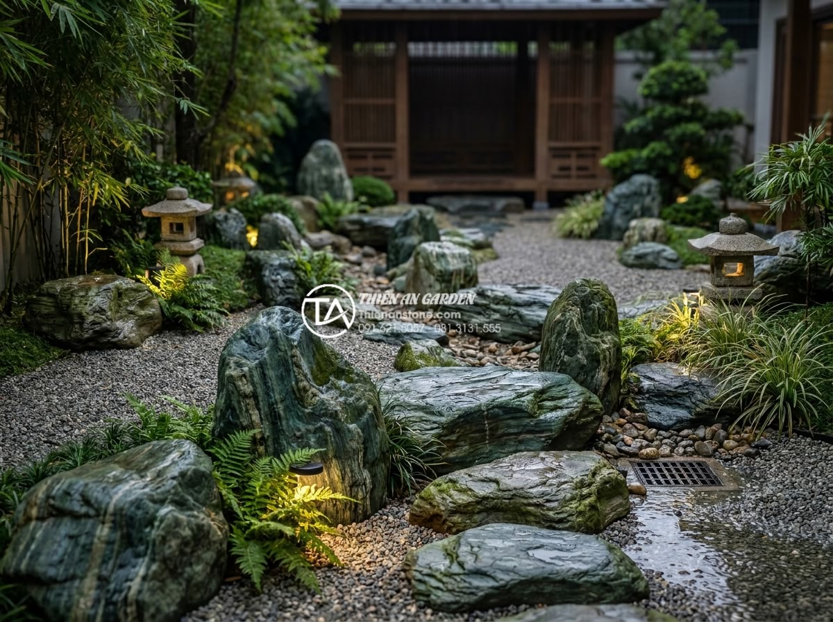Top 50+ mẫu tiểu cảnh đá cuội đẹp dẫn đầu xu hướng trang trí 2026 - Photorealistic image of a beautifully executed pebble stone landscape with perfe