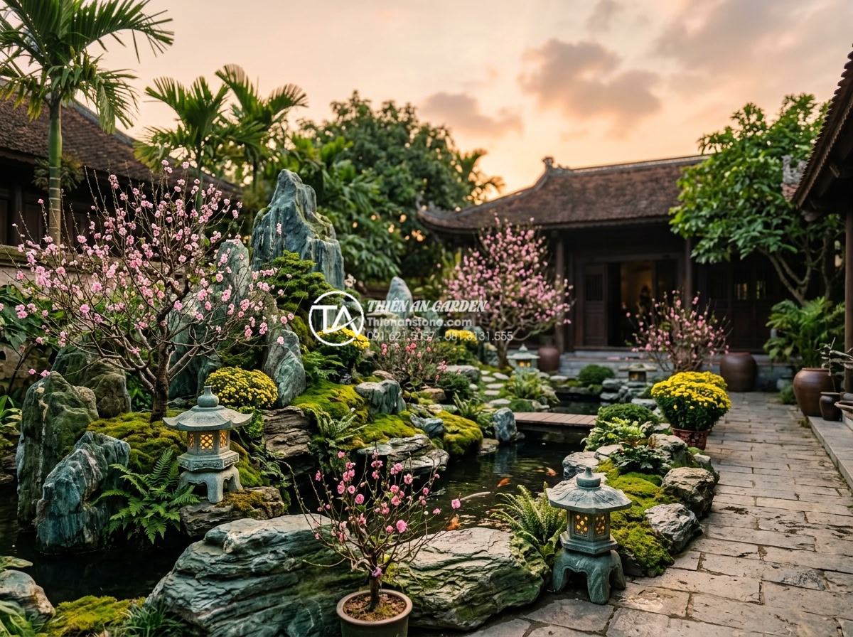 Top 50+ mẫu tiểu cảnh hoa tết đẹp kết hợp đá tự nhiên xu hướng 2026 - Hình 3 Top 50+ mẫu tiểu cảnh hoa tết đẹp kết hợp đá tự nhiên xu hướng 2026 - Elegant side view of a large natural stone Tet landscape installation in a luxur