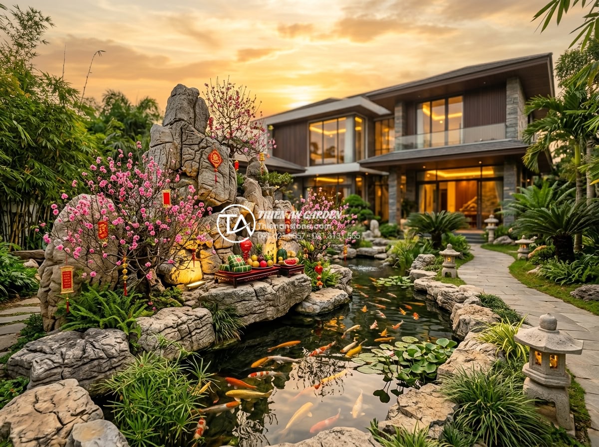 Top 50+ mẫu tiểu cảnh hoa tết đẹp kết hợp đá tự nhiên xu hướng 2026 - Hình 6 Top 50+ mẫu tiểu cảnh hoa tết đẹp kết hợp đá tự nhiên xu hướng 2026 - Wide angle photorealistic rendering of a luxurious villa garden with large scale