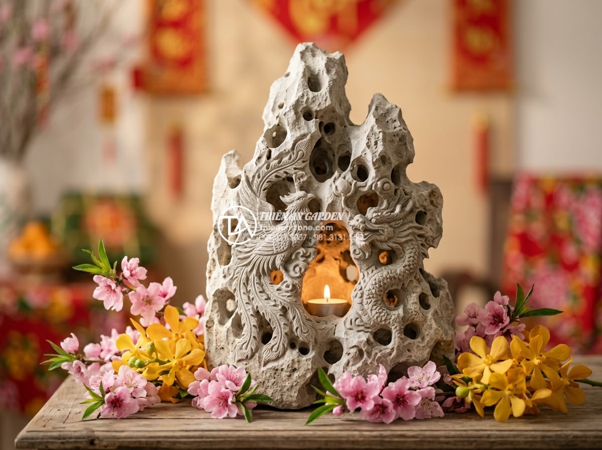 Top 50+ mẫu tiểu cảnh hoa tết đẹp kết hợp đá tự nhiên xu hướng 2026 - Hình 7 Top 50+ mẫu tiểu cảnh hoa tết đẹp kết hợp đá tự nhiên xu hướng 2026 - Artistic close-up of hand-carved natural stone lantern with intricate phoenix an