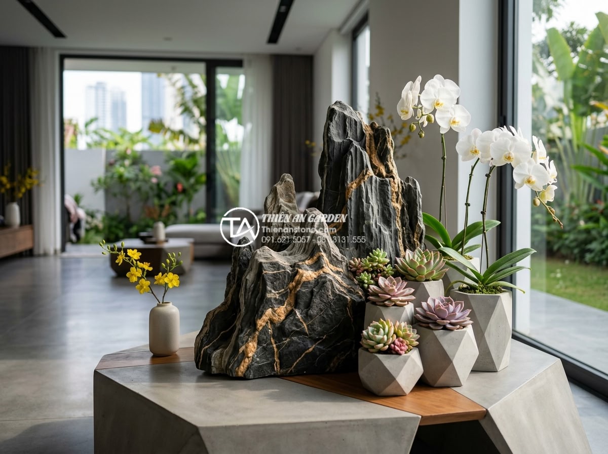 Top 50+ mẫu tiểu cảnh hoa tết đẹp kết hợp đá tự nhiên xu hướng 2026 - Hình 8 Top 50+ mẫu tiểu cảnh hoa tết đẹp kết hợp đá tự nhiên xu hướng 2026 - Modern minimalist 2026 Tet arrangement featuring natural basalt stone, colorful