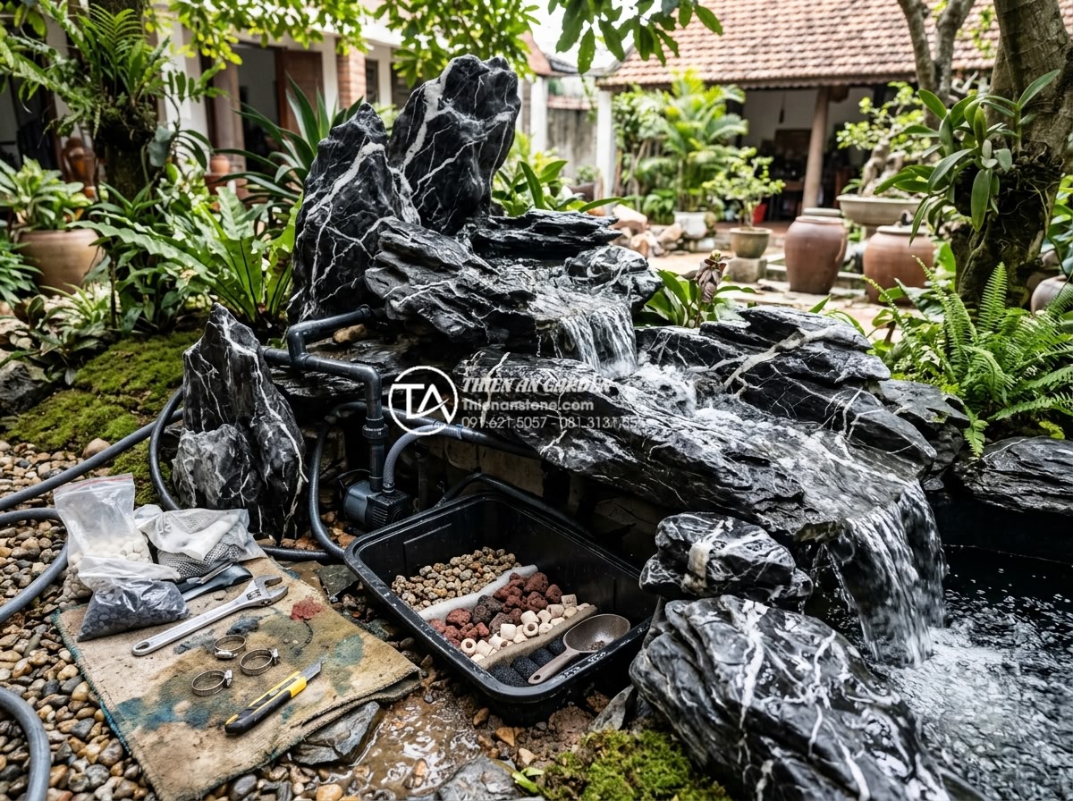 Tự chế hệ thống lọc nước cho tiểu cảnh đá cuội ngoài trời đơn giản - Realistic action shot of person installing DIY water filtration system in outdoo