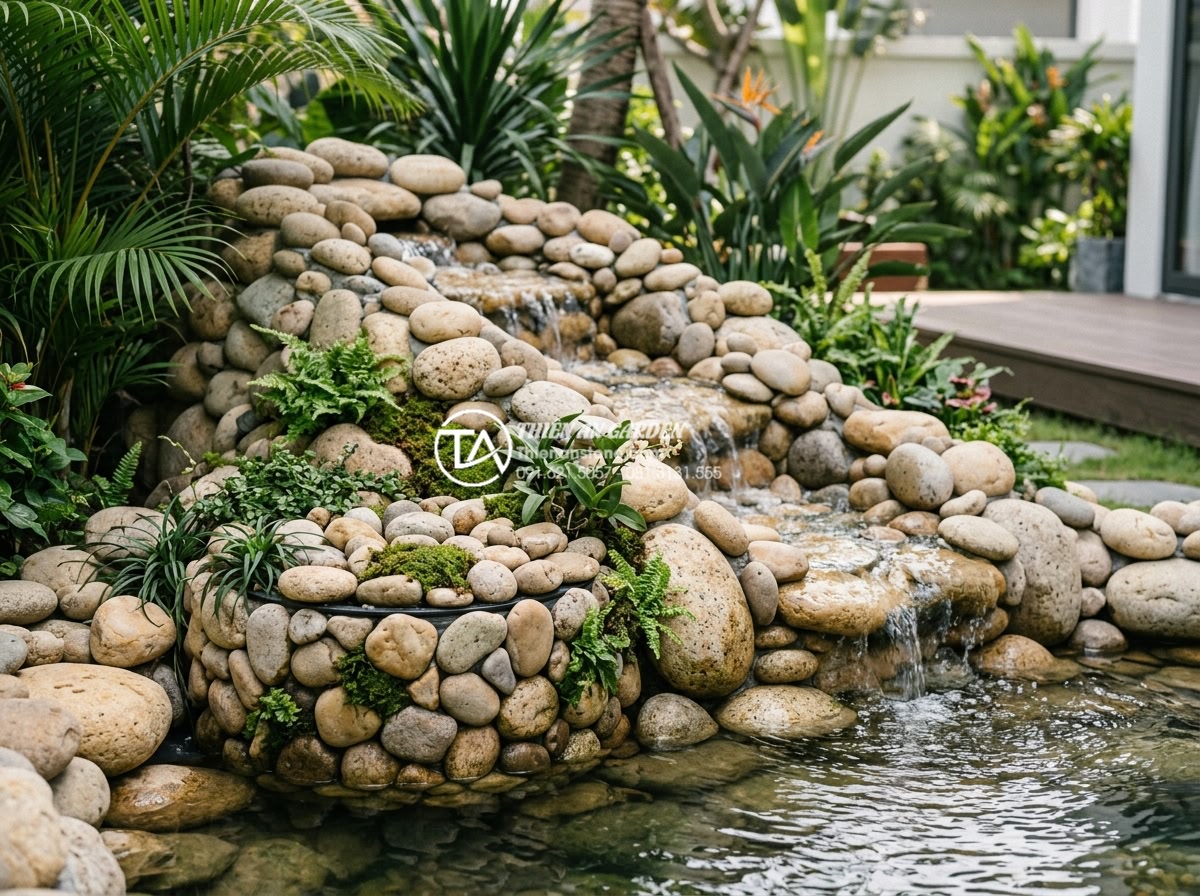 Tự chế hệ thống lọc nước cho tiểu cảnh đá cuội ngoài trời đơn giản - Beautifully integrated floating water filter container disguised with natural co