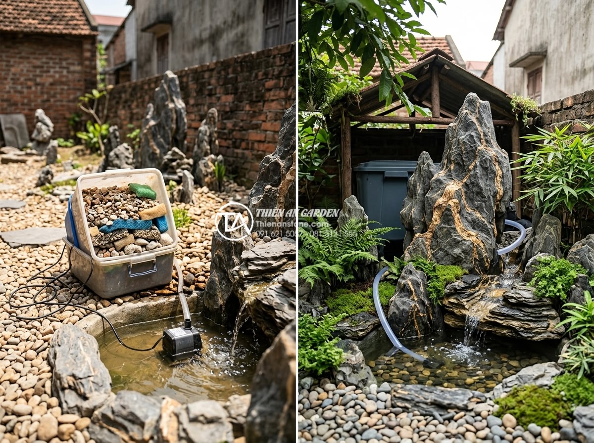 Tự chế hệ thống lọc nước cho tiểu cảnh đá cuội ngoài trời đơn giản - Common mistakes illustration for DIY water filtration in pebble garden, split im