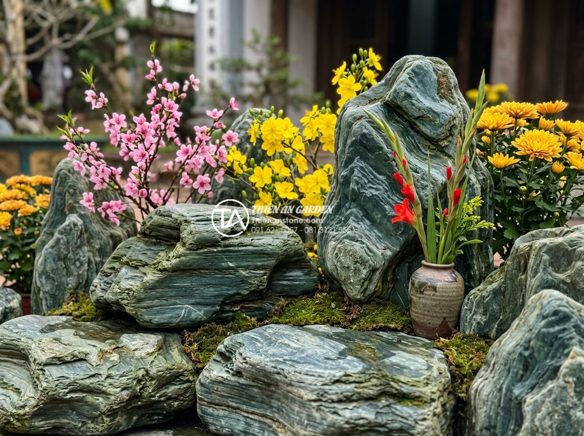 Ứng dụng đá lũa và đá thấm thủy trong tiểu cảnh tết hoa đá nghệ thuật - Hình 16 Ứng dụng đá lũa và đá thấm thủy trong tiểu cảnh tết hoa đá nghệ thuật - Close-up of feng shui elements in Tet artistic stone landscape using natural sto
