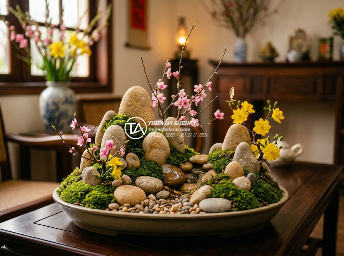 Ứng dụng đá lũa và đá thấm thủy trong tiểu cảnh tết hoa đá nghệ thuật - Hình 4 Ứng dụng đá lũa và đá thấm thủy trong tiểu cảnh tết hoa đá nghệ thuật - Full view artistic composition of Vietnamese Tet mini landscape featuring light-