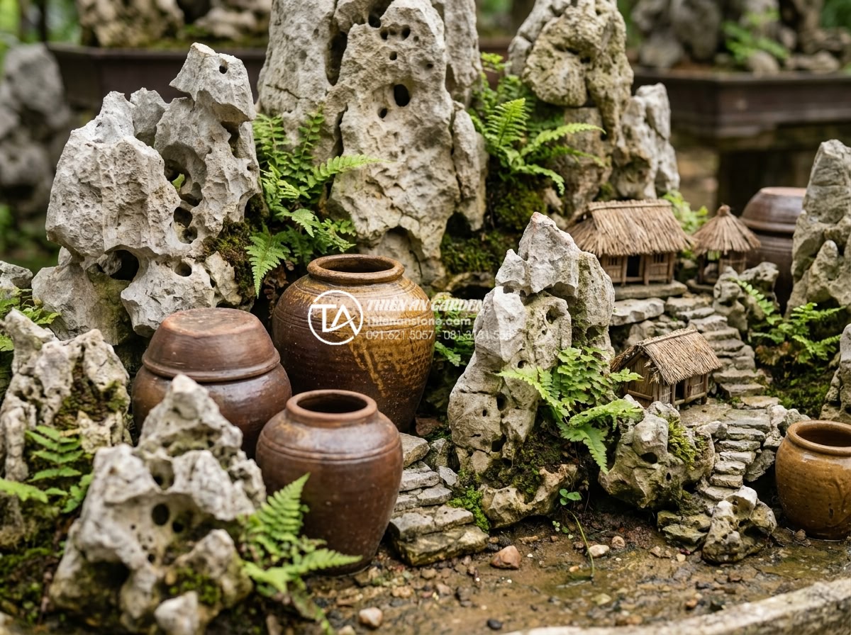 Ứng dụng gốm Phù Lãng và gốm Bát Tràng trong trang trí tiểu cảnh làng quê - Detailed close-up view of authentic Phu Lang ceramics pots and jars displayed in