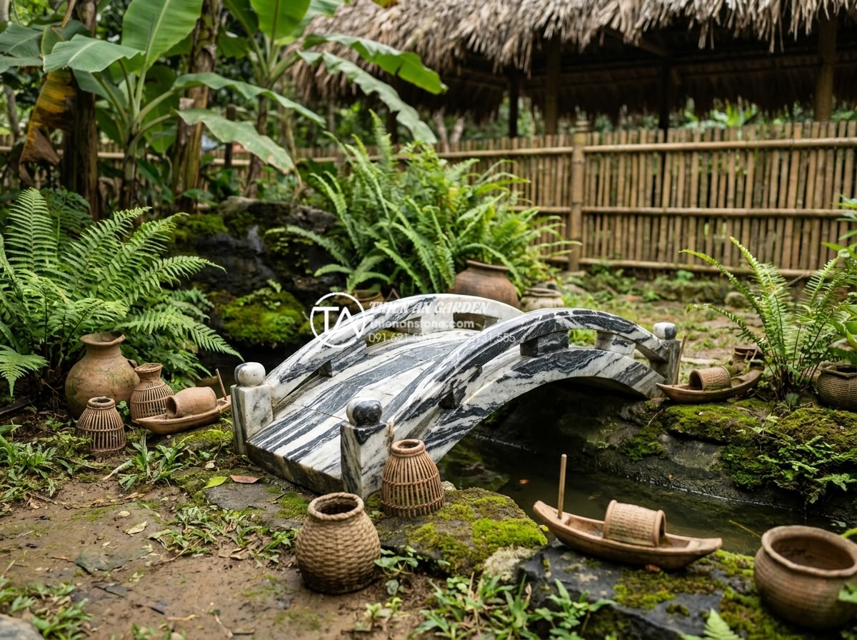 Ứng dụng gốm Phù Lãng và gốm Bát Tràng trong trang trí tiểu cảnh làng quê - Creative Phu Lang pottery applications including miniature bridges and fishing t
