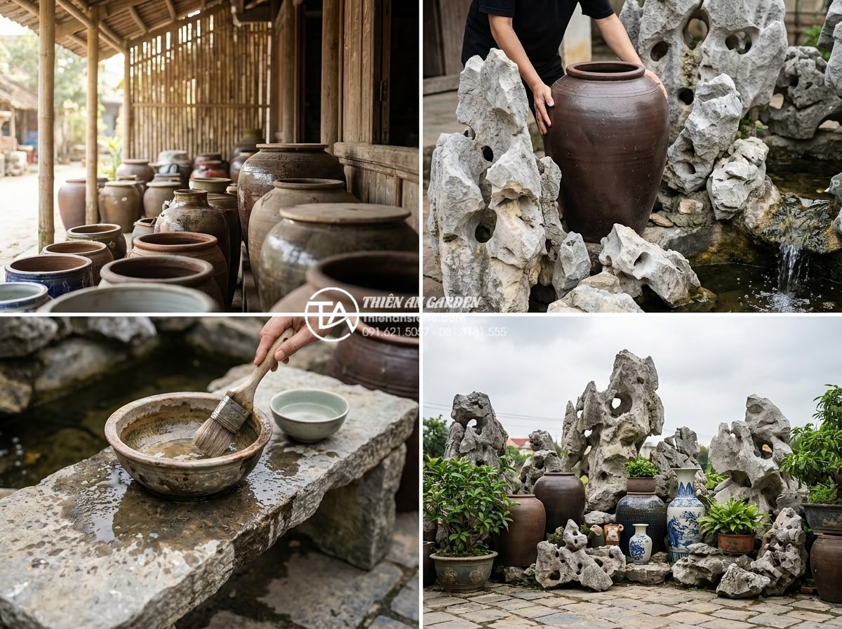Ứng dụng gốm Phù Lãng và gốm Bát Tràng trong trang trí tiểu cảnh làng quê - Step-by-step guide visuals of selecting, installing and maintaining Phu Lang Bat