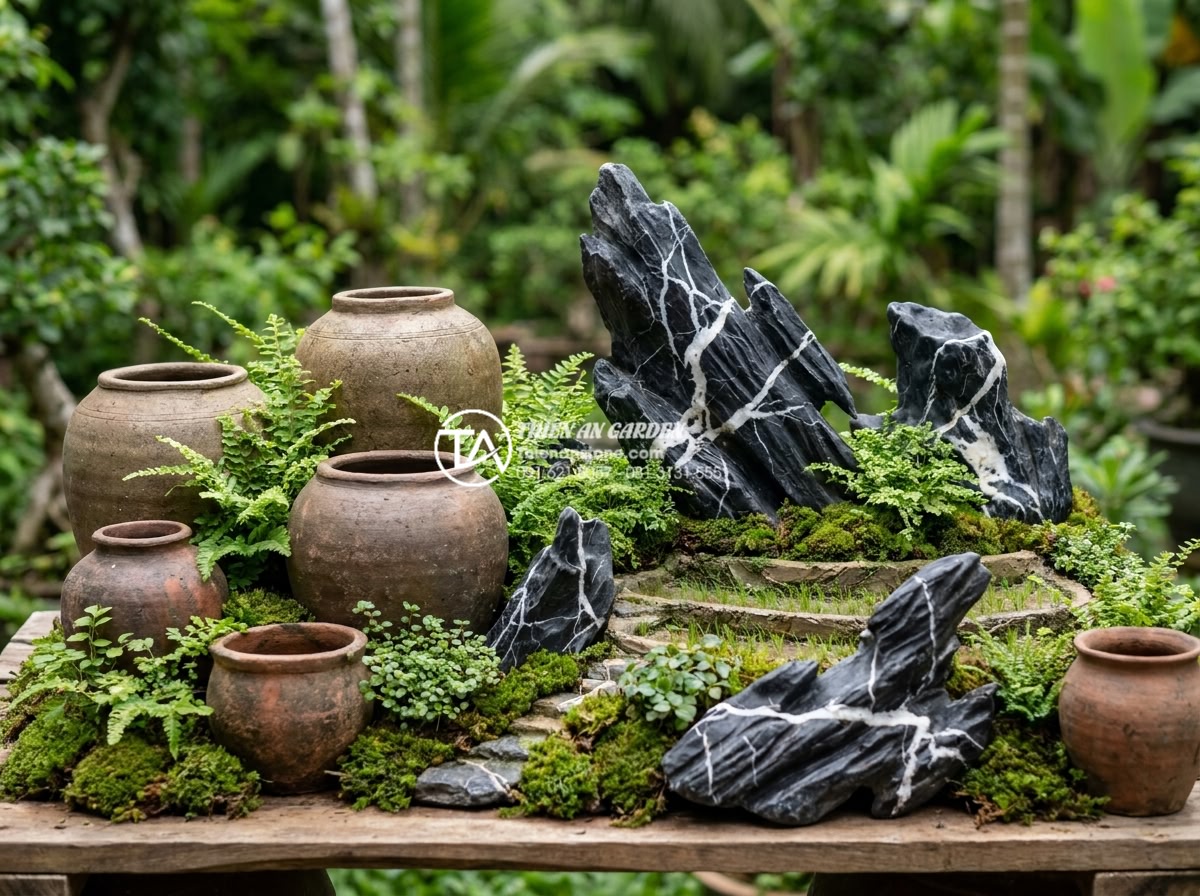 Ứng dụng gốm Phù Lãng và gốm Bát Tràng trong trang trí tiểu cảnh làng quê - Phu Lang ceramic water jars and rustic pots arranged in a traditional Vietnamese