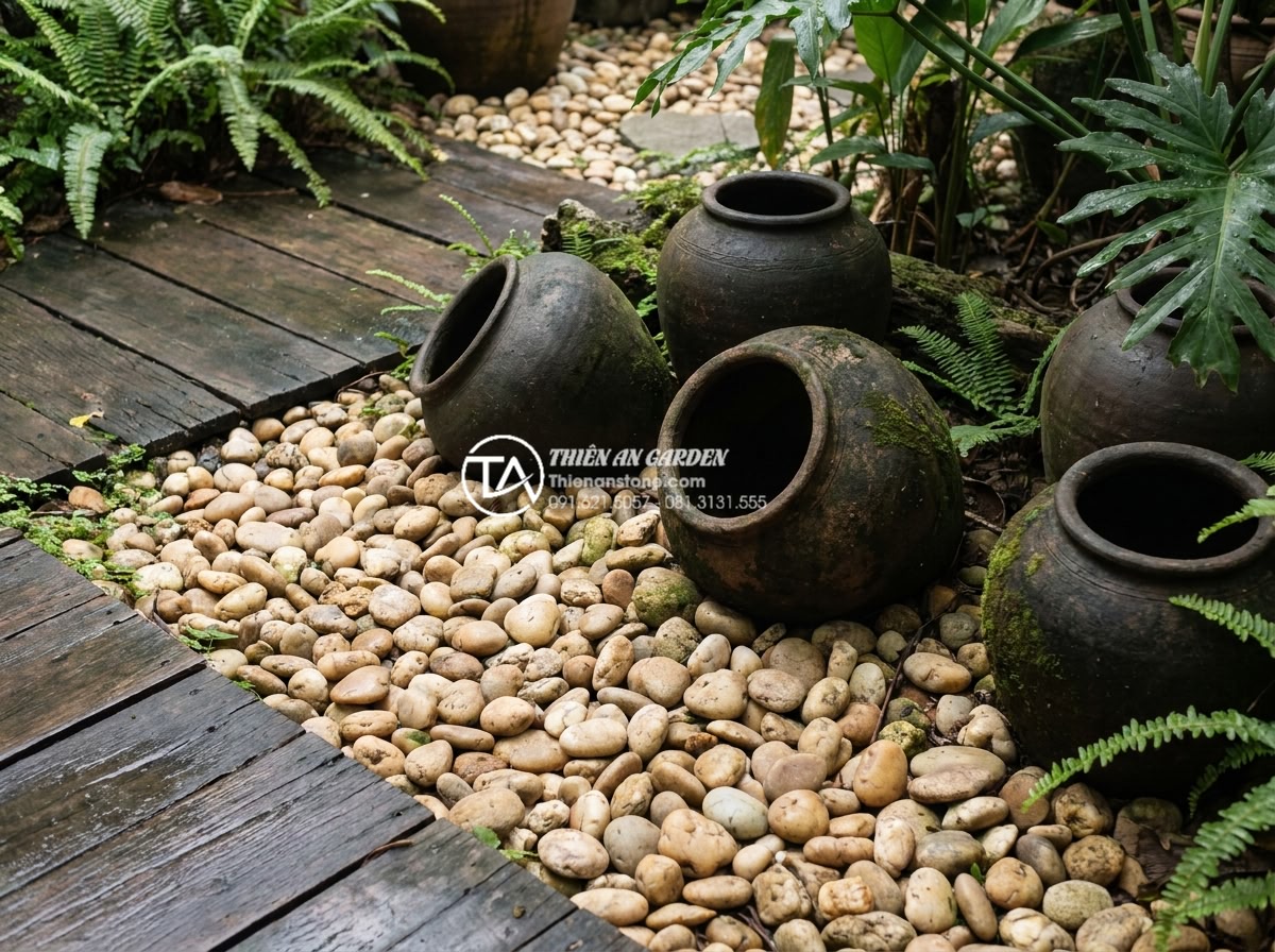 Ứng dụng gốm Phù Lãng và gốm Bát Tràng trong trang trí tiểu cảnh làng quê - Durable Phu Lang pottery integrated with natural stones in an outdoor garden set