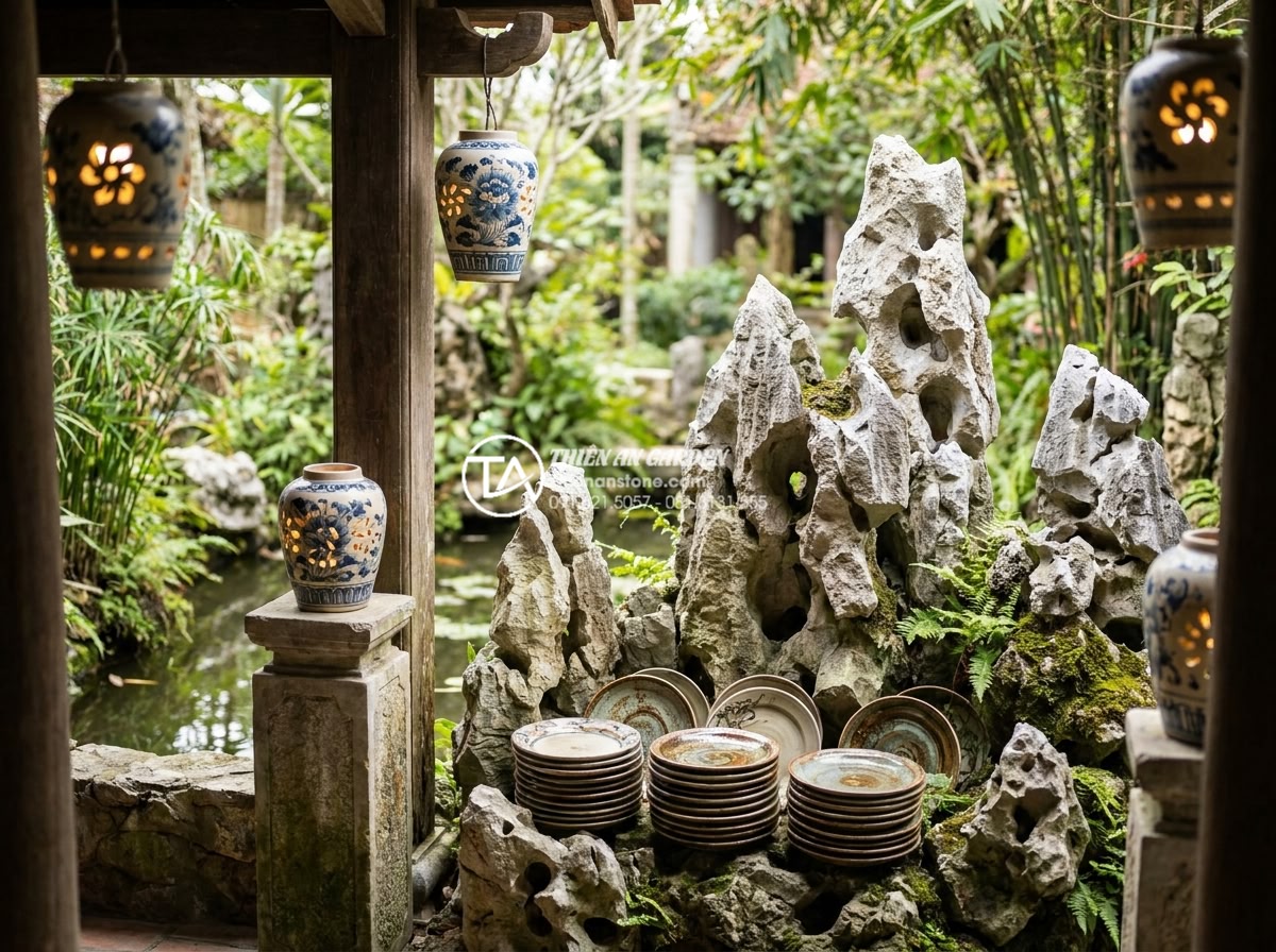 Ứng dụng gốm Phù Lãng và gốm Bát Tràng trong trang trí tiểu cảnh làng quê - Elegant Bat Trang pottery lanterns and decorative plates enhancing the authentic