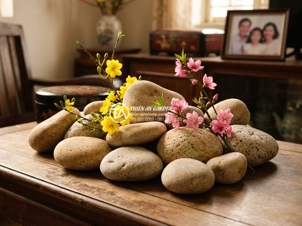 Vị trí đặt tiểu cảnh hoa tết đá tự nhiên chuẩn phong thủy rước tài lộc - Close-up of beautifully arranged natural stone and fresh flower display on Vietn
