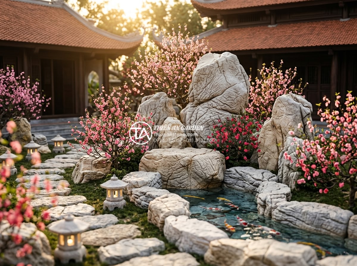 Vị trí đặt tiểu cảnh hoa tết đá tự nhiên chuẩn phong thủy rước tài lộc - Grand outdoor natural stone Tet garden display in Vietnamese villa courtyard, la