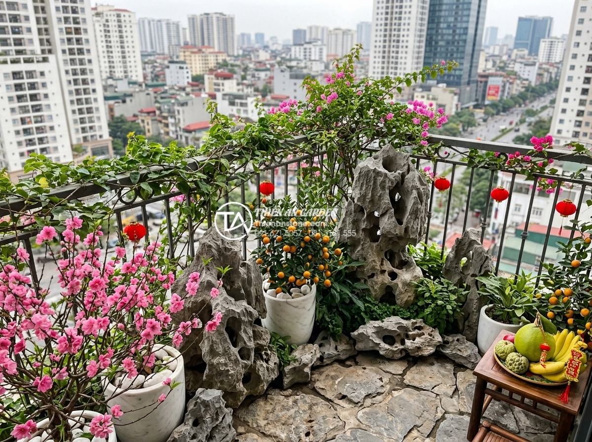 Vị trí đặt tiểu cảnh hoa tết đá tự nhiên chuẩn phong thủy rước tài lộc - Charming balcony natural stone and flower Tet arrangement in urban Vietnamese ap