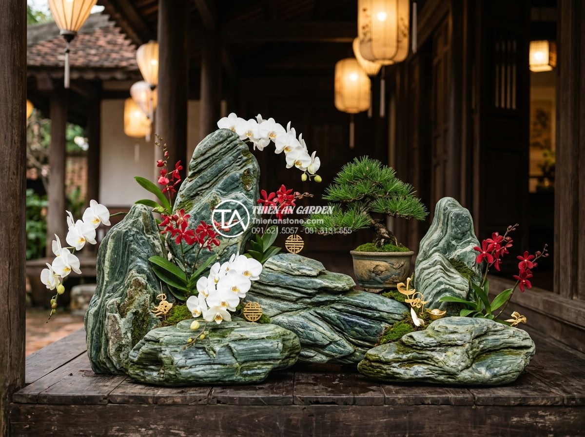 Vị trí đặt tiểu cảnh hoa tết đá tự nhiên chuẩn phong thủy rước tài lộc - Close-up view of premium Vietnamese natural stone Tet arrangement with river cob