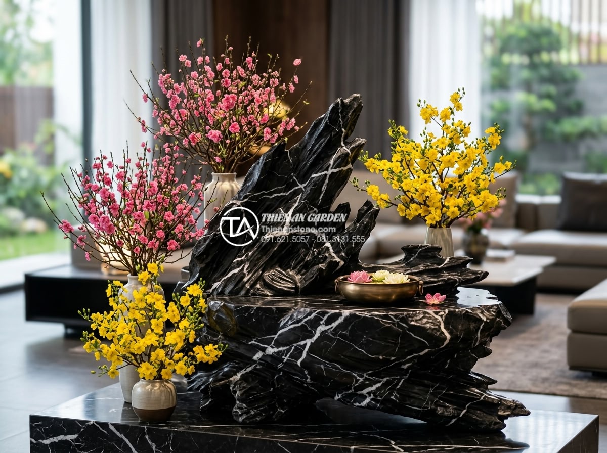 Vị trí đặt tiểu cảnh hoa tết đá tự nhiên chuẩn phong thủy rước tài lộc - Stunning natural stone feng shui Tet flower scene inside a modern Vietnamese liv