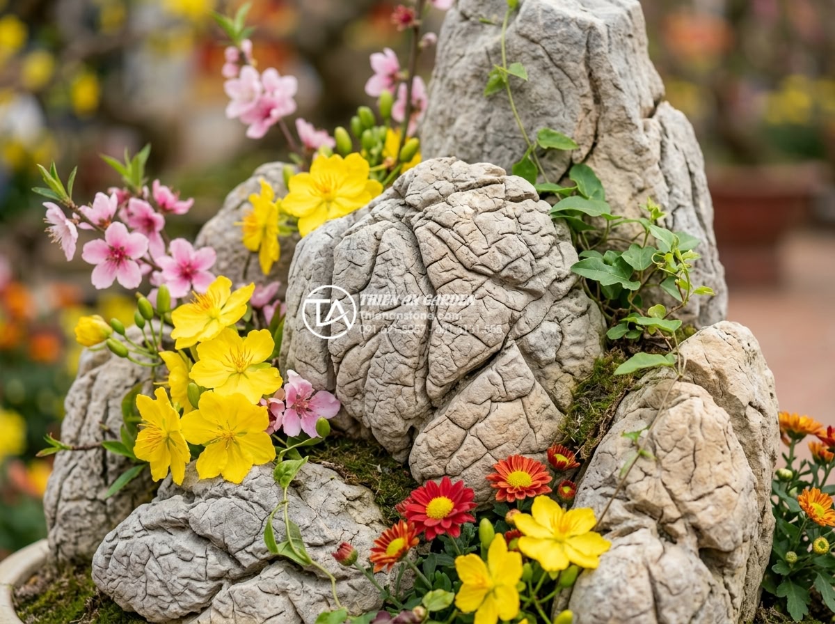 Vị trí đặt tiểu cảnh hoa tết đá tự nhiên chuẩn phong thủy rước tài lộc - Beautiful close-up of high-quality natural river stones and granite used in Tet 