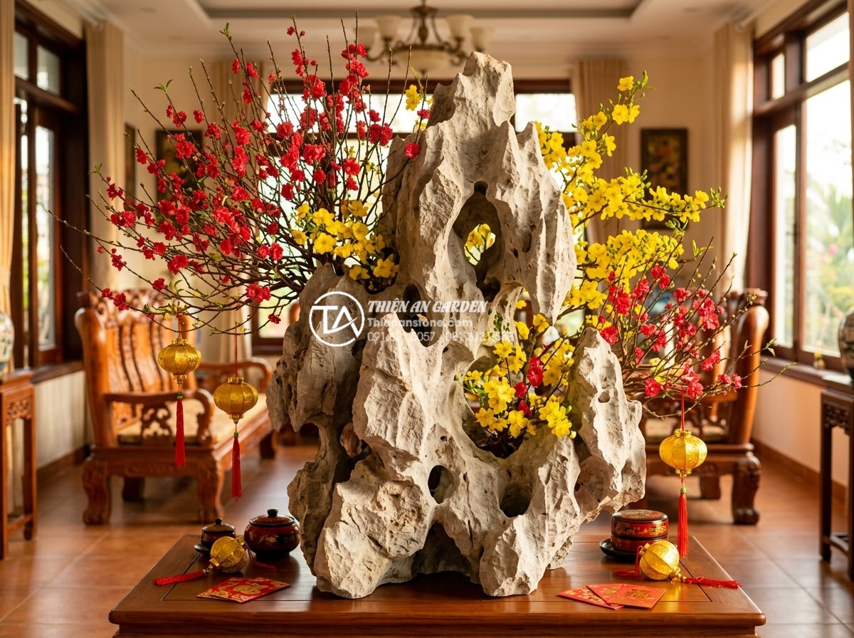 Vị trí đặt tiểu cảnh hoa tết đá tự nhiên chuẩn phong thủy rước tài lộc - Luxurious natural stone Tet flower arrangement placed in the south-facing living
