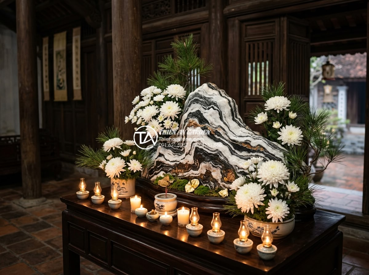 Vị trí đặt tiểu cảnh hoa tết đá tự nhiên chuẩn phong thủy rước tài lộc - Sophisticated natural stone Tet flower display facing west in a traditional Viet