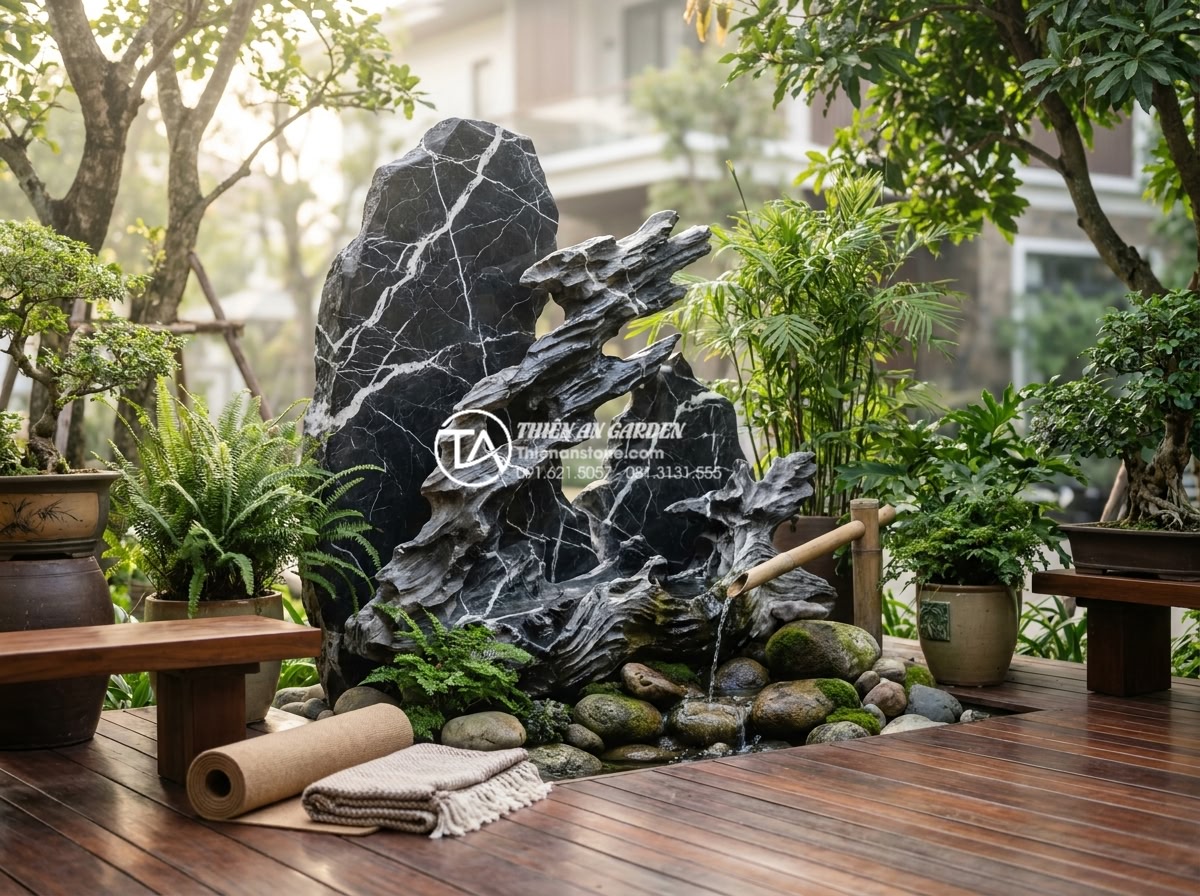 Xu hướng chơi tiểu cảnh gỗ lũa rừng tự nhiên năm 2026 - Hình 5 Xu hướng chơi tiểu cảnh gỗ lũa rừng tự nhiên năm 2026 - Serene meditation corner in a luxury home garden featuring natural driftwood scu