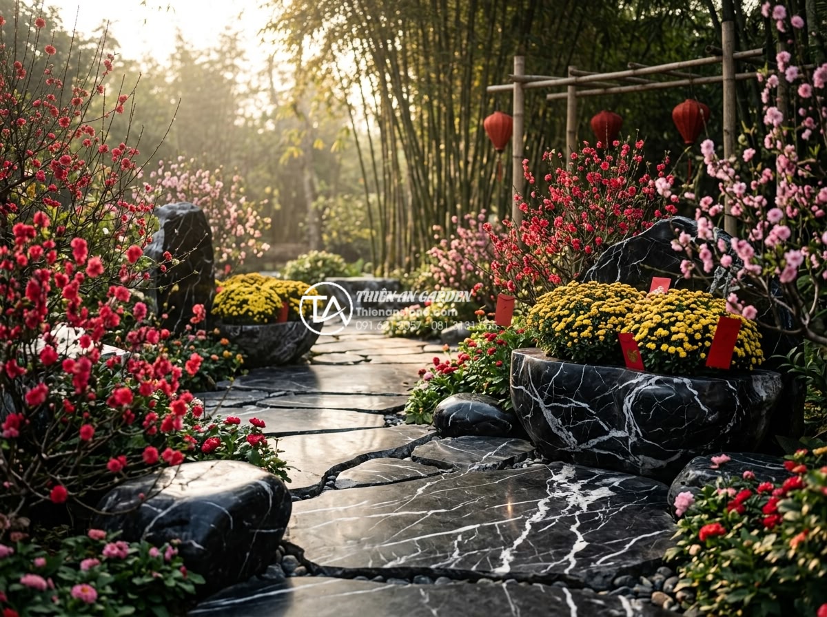 Xu hướng thiết kế tiểu cảnh hoa tết 2026: Sự lên ngôi của vật liệu đá tự nhiên - Hình 2 Xu hướng thiết kế tiểu cảnh hoa tết 2026: Sự lên ngôi của vật liệu đá tự nhiên - Photorealistic image of an elegant natural stone Tet garden design 2026 featurin