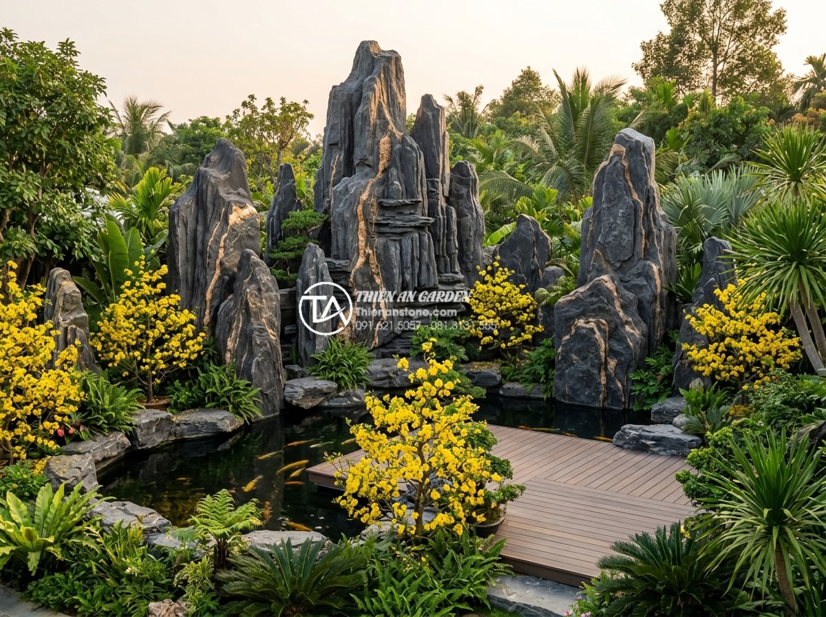 Xu hướng thiết kế tiểu cảnh hoa tết 2026: Sự lên ngôi của vật liệu đá tự nhiên - Hình 6 Xu hướng thiết kế tiểu cảnh hoa tết 2026: Sự lên ngôi của vật liệu đá tự nhiên - Wide angle realistic photo of a luxurious resort courtyard in Vietnam 2026 with
