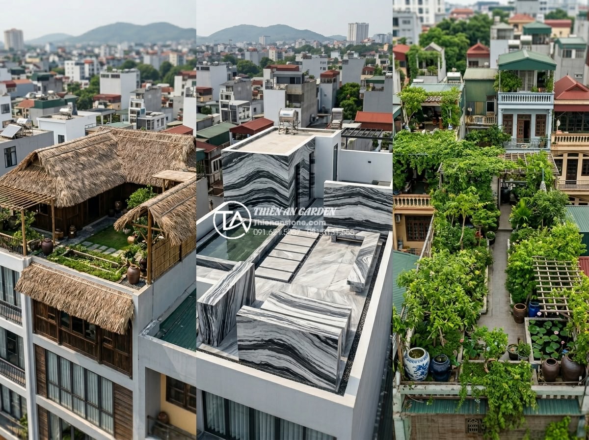 Xu hướng thiết kế tiểu cảnh làng quê Bắc Bộ trên sân thượng 2026 - Hình 9 Xu hướng thiết kế tiểu cảnh làng quê Bắc Bộ trên sân thượng 2026 - Collage of three popular 2026 rooftop village styles: classic thatched roof, mod