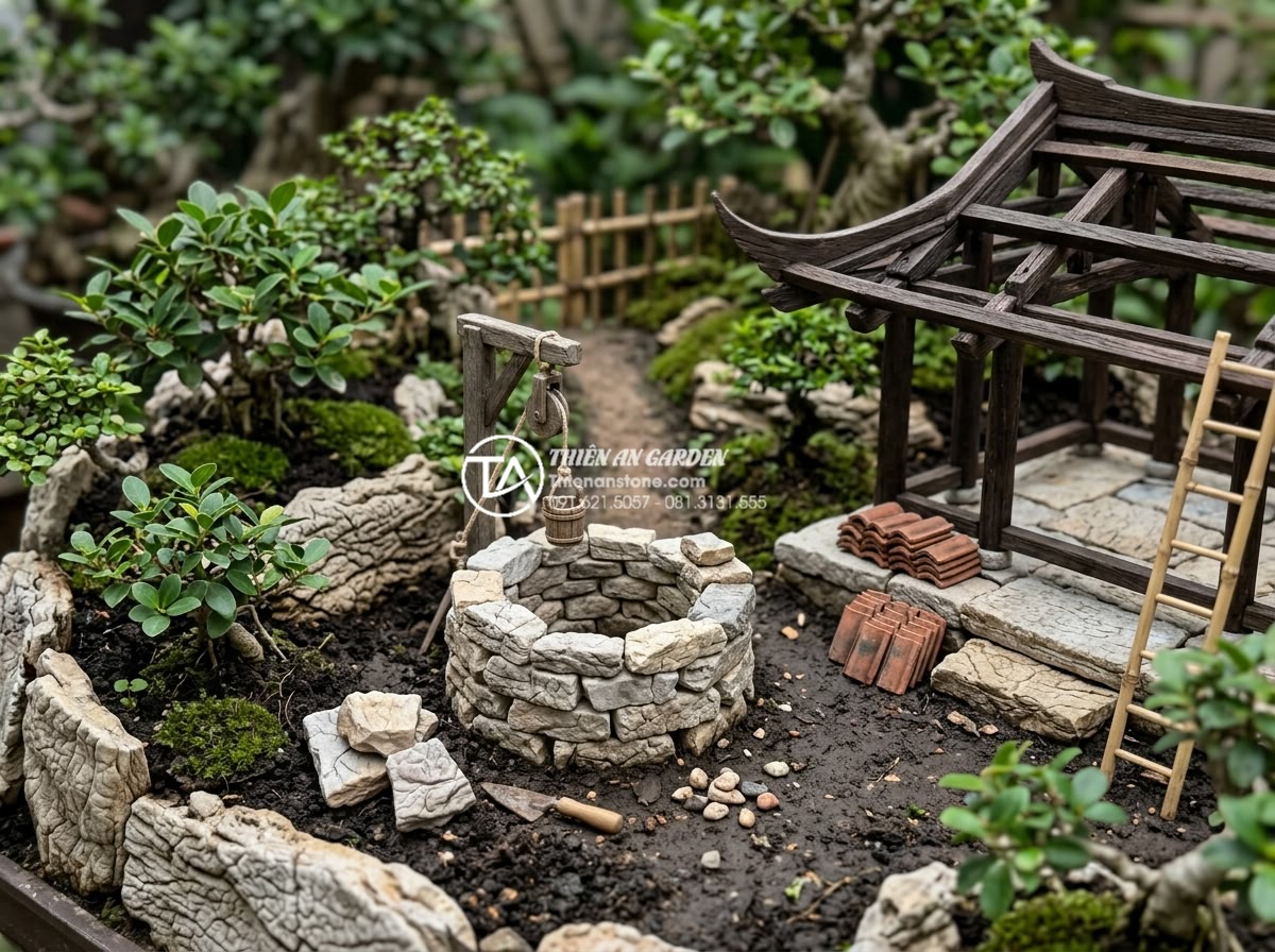 Ý nghĩa phong thủy của giếng nước và sân đình trong tiểu cảnh làng quê - Step-by-step construction process of a stone village well and dinh in a garden m