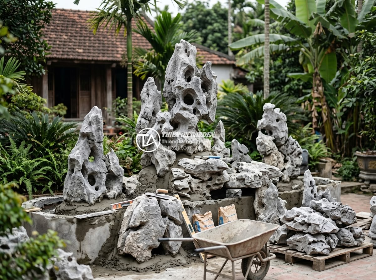 Ý nghĩa phong thủy của giếng nước và sân đình trong tiểu cảnh làng quê - Professional team installing natural stone elements for rural village scene in o