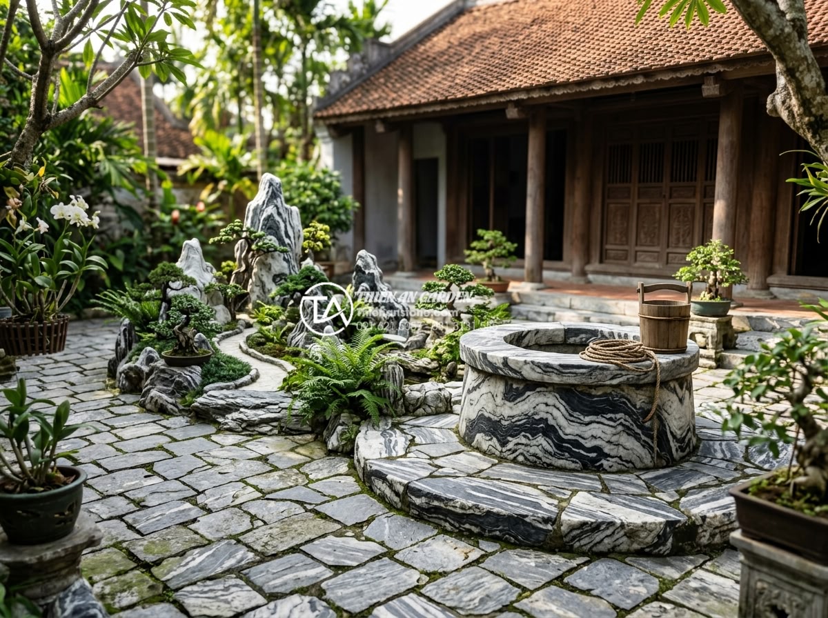 Ý nghĩa phong thủy của giếng nước và sân đình trong tiểu cảnh làng quê - Family enjoying a peaceful stone-paved dinh courtyard next to a traditional well