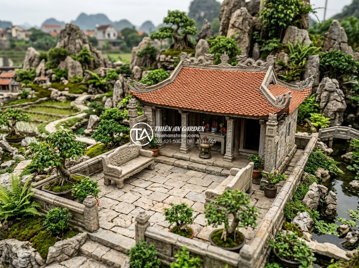 Ý nghĩa phong thủy của giếng nước và sân đình trong tiểu cảnh làng quê - Detailed stone-carved village dinh yard in rural miniature landscape with tradit